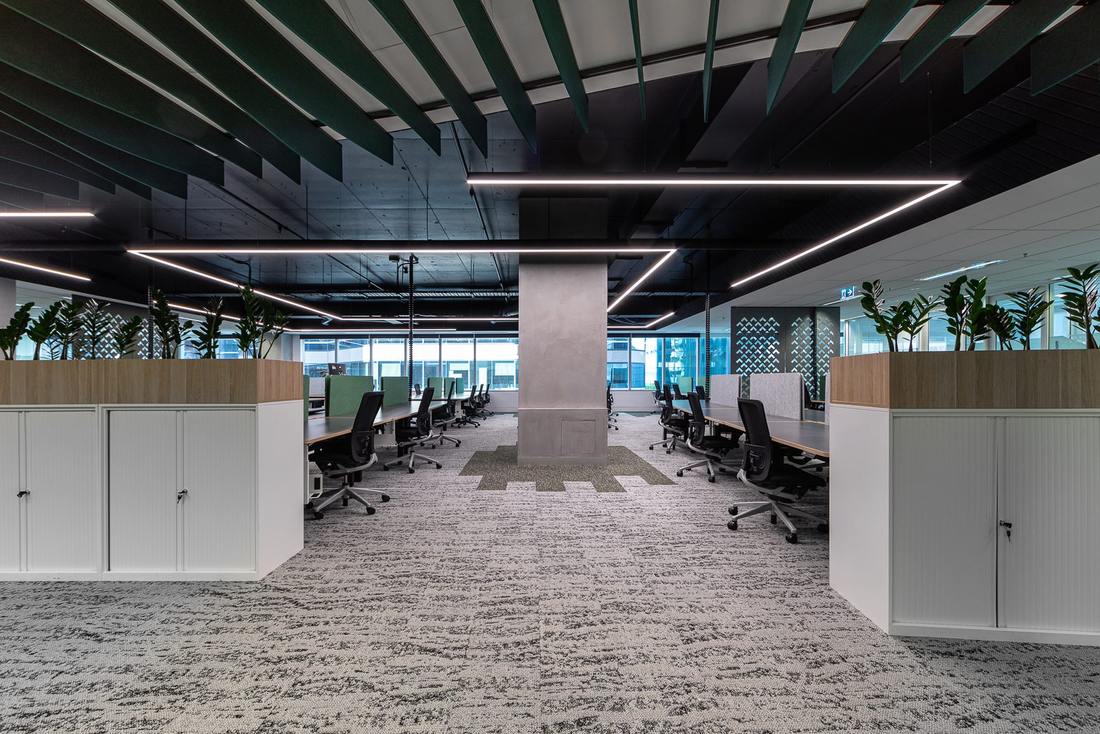 Open plan floor with acoustic ceiling baffles from the DBM Vircon office refurbishment in Perth