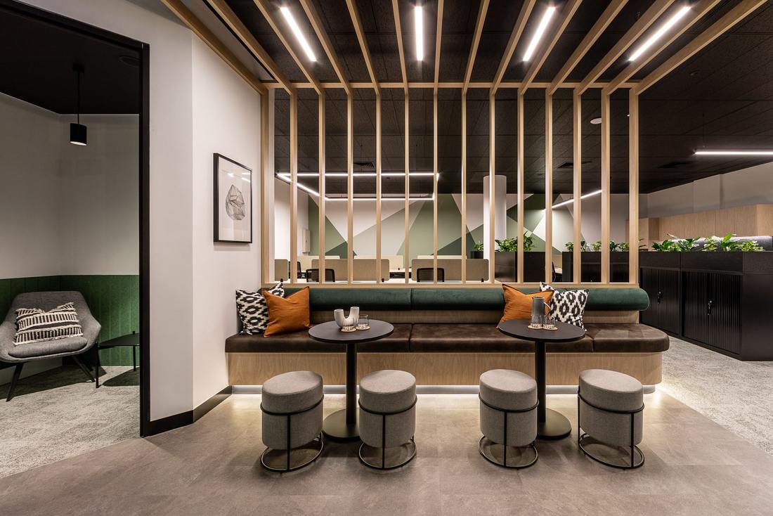 Breakout seating and timber batten screen in the McKinley Plowman Perth office fitout