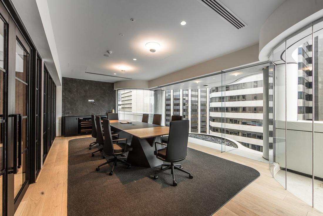 Boardroom with city outlook from the Rollason office fitout design in Perth